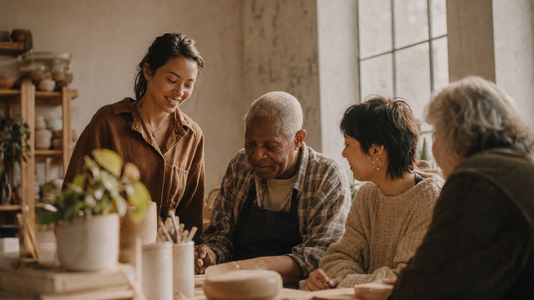 A diverse group gathered together at a worktable in a sunlit studio